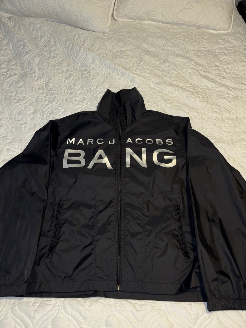 Marc Jacobs Black Windbreaker with Silver 'BANG' Logo Medium